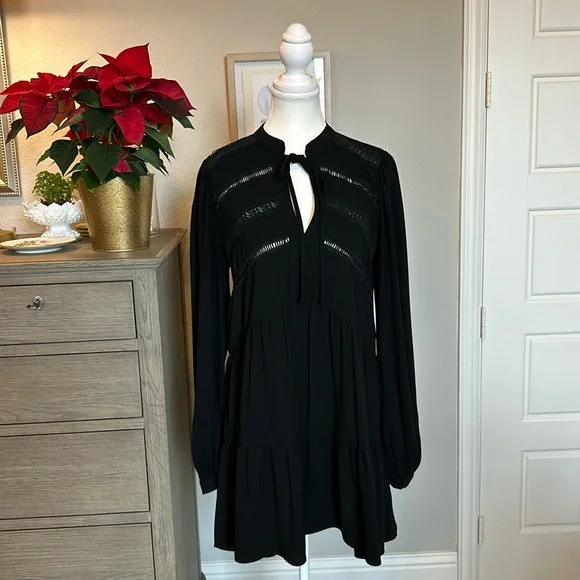 PINCH | Black Chiffon Tiered Long-Sleeve Dress | Medium - Picture 1 of 14